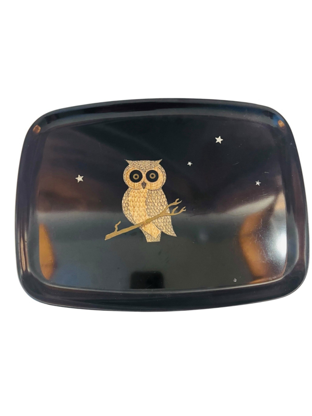 VTG Couroc of Monterey Owl Serving Tray Plate Platter Black Gold w/ Stars MCM